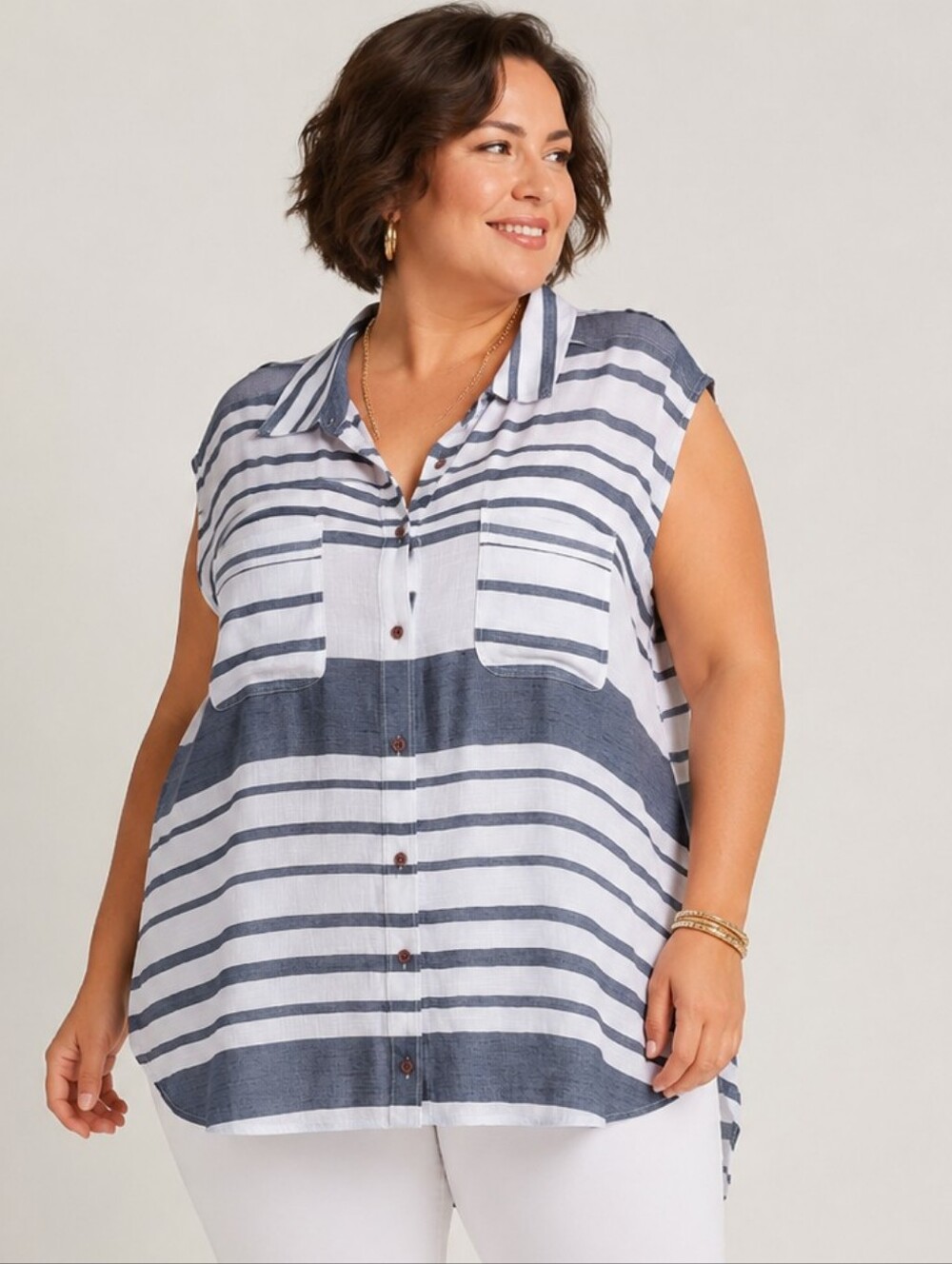 Pennington Plus-Size 4x: Striped Button-Front Shirt Collared Top- Navy & White